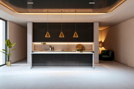 Stylish black kitchen with gold lighting and minimalist furniture, set in a cozy contemporary home interior with clean details. 3D Renderingの写真素材