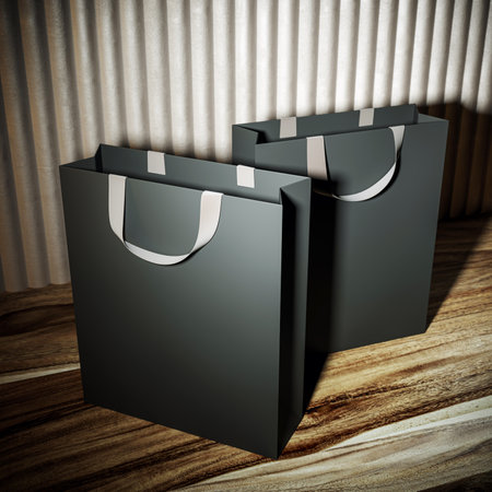 Two luxury black shopping bags with white handles, 3D Rendering style, placed on a wooden floor with curtain background, concept of brandingの写真素材