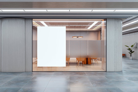 Vertical blank canvas mockup on glass wall in modern office hallway, clean corporate interior with chairs, lights and tiled floor. 3D Renderingの写真素材