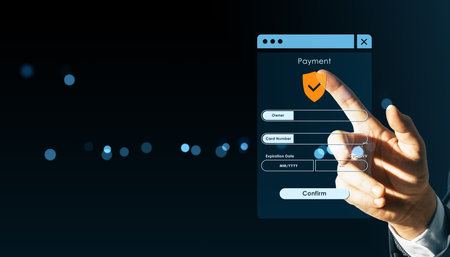 Person touching virtual secure payment form, modern digital interface style, on dark background with glowing light dots, concept of online securityの写真素材