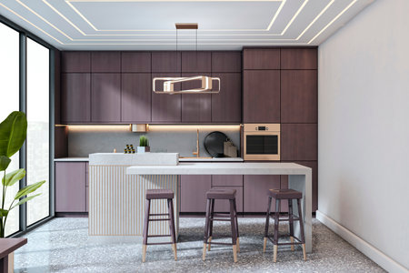 Contemporary kitchen interior with purple cabinets, terrazzo floor, and stylish ceiling lights in a modern apartment setting. 3D Renderingの写真素材