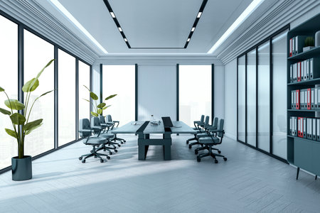 Empty modern boardroom interior with large windows, minimalist furniture, and city view background. 3D Rendering of corporate workspaceの写真素材