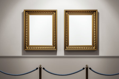 Two empty golden classic frames hanging on museum wall under spotlight with rope barrier in clean modern corridor interior. 3D Renderingの写真素材