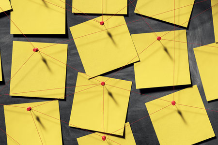 Multiple yellow sticky notes pinned with red strings on a dark textured wall background, symbolizing detective investigation or business planning. 3D Renderingの写真素材