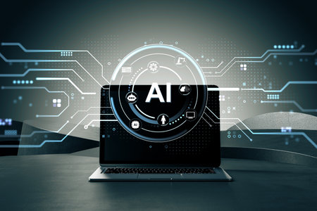 Laptop with glowing AI hologram and neural network symbols on futuristic digital background, symbolizing artificial intelligence and data systems. 3D Rendering.の写真素材