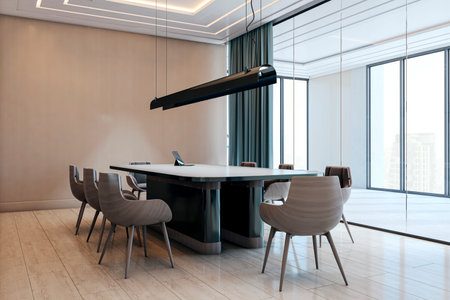 Contemporary boardroom with elegant furniture, minimalist design style, large windows and wooden floor, concept of modern corporate meeting space. 3D Rendering.の写真素材