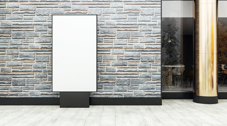 Blank vertical digital billboard mockup mounted on a stone wall facade with glass door and golden pillar, concept of outdoor retail advertising. 3D Renderingの写真素材