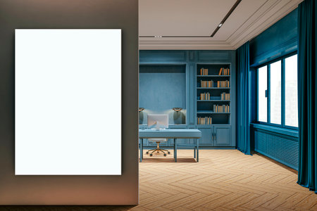 Vertical blank poster mockup displayed on dark wall next to stylish modern executive office with blue furniture and wood flooring, 3D Renderingの写真素材