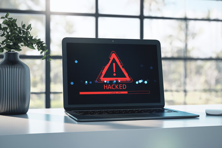 Laptop showing a red hacked warning symbol with exclamation mark on digital screen, holographic...