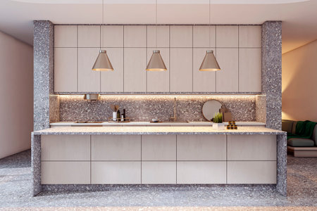 Contemporary kitchen interior with stone counter, beige cabinets, and pendant lighting in a stylish home environment. 3D Renderingの写真素材