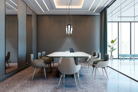 Contemporary empty boardroom with modern furniture, creative ceiling lights, and glass partitions in a bright office interior. 3D Renderingの写真素材