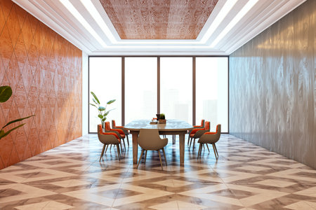 Modern conference room with wooden walls, geometric flooring, and glass windows, featuring bright lighting and a corporate workspace concept. 3D Rendering.の写真素材