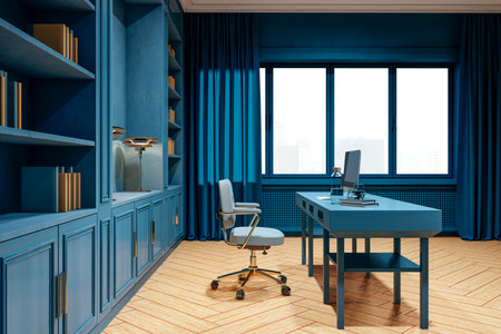 Contemporary executive office with blue furniture, bookshelves, and computer desk on wooden floor in a luxury indoor workspace. 3D Renderingの写真素材