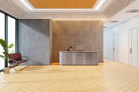 Contemporary office reception with minimalist desk, wood-pattern flooring, and gray concrete wall background. Concept of modern business interior. 3D Renderingの写真素材