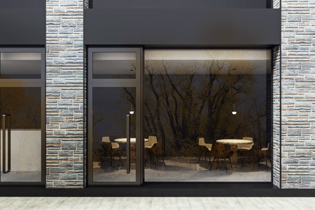 Storefront with large glass windows and stone facade, modern design on urban street background,...