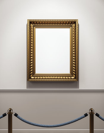 Ornate golden frame on museum wall with blank canvas, spotlighting in clean indoor exhibition hall background. Concept of classic art display. 3D Renderingの写真素材