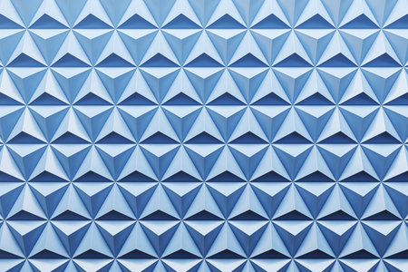 Blue triangle-shaped geometric pattern forming a 3D crystal wall texture on a seamless background. Concept of modern architecture and wallpaper. 3D Rendering.の写真素材