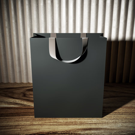 Black shopping bag mockup with white handles placed on wooden floor, modern curtain background, clean branding concept, 3D Renderingの写真素材