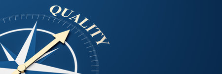 Compass arrow aiming at quality text in modern blue background, clean design concept for direction, guidance, business or consulting banner. 3D Renderingの写真素材