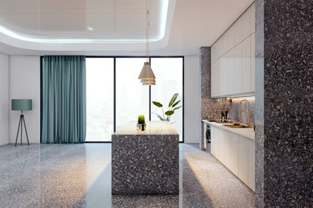 Modern stylish kitchen interior featuring terrazzo surfaces, pendant lighting, and city view background at sunrise. Concept of luxury home. 3D Renderingの写真素材