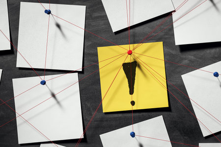 Exclamation mark on yellow sticky note with red threads linking to blank notes, pinned on dark background wall, symbolizing investigation concept. 3D Renderingの写真素材