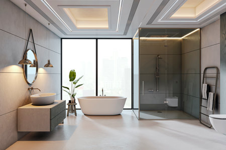 Elegant modern bathroom with luxury bathtub, glass shower, stylish sink, and ceiling lights, set...