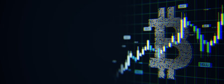 Bitcoin symbol overlaid with candlestick chart and financial data on a dark digital screen...