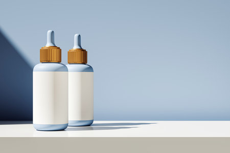 Two cosmetic dropper bottles with blank labels standing on a white surface, minimal gradient blue background, concept of product branding. 3D Renderingの写真素材