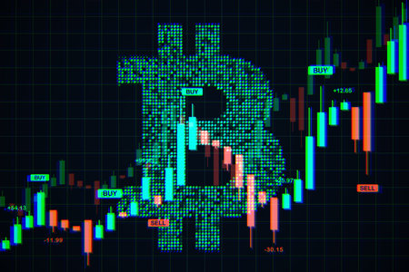 Bitcoin icon made of digital dots overlaid on a colorful candlestick chart with buy and sell signals, modern crypto market analysis 3D Renderingの写真素材