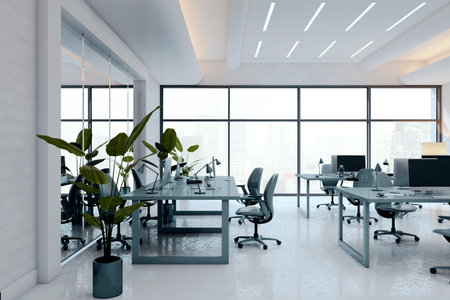 Contemporary office interior with minimalist furniture and plants, modern graphic style, bright city background, concept of corporate workspace. 3D Renderingの写真素材