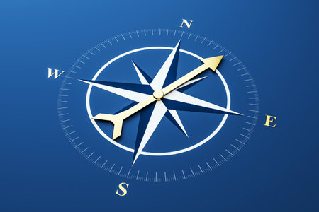 Golden compass icon with arrows on blue background, 3D Rendering style, representing navigation, guidance, strategy, and direction conceptの写真素材