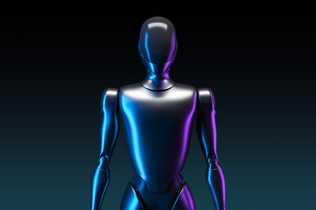 Glossy humanoid robot with blue and purple reflections, futuristic design, on dark gradient background. Concept of AI, tech and automation. 3D Renderingの写真素材