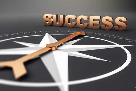 Golden arrow on black compass pointing to SUCCESS text, modern graphic style, dark background, concept of direction, goal, and leadership. 3D Renderingの写真素材