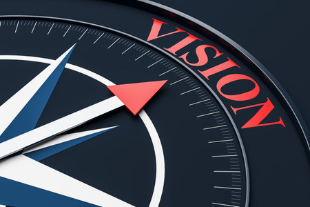 Red arrow on dark compass pointing to VISION text, modern graphic style, dark background, concept of direction, leadership, and success. 3D Renderingの写真素材
