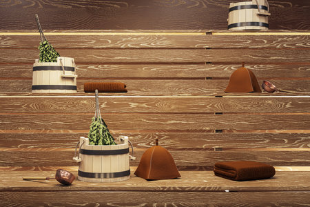 Wooden sauna interior with traditional accessories like birch whiskeys, towels, felt hats, and buckets on benches. 3D Renderingの写真素材
