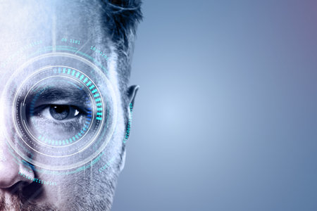 Close-up male eye with digital scanning interface, futuristic graphic style, blue background, concept of biometric vision and secure identityの写真素材