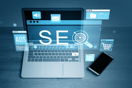 Laptop and smartphone on desk with SEO, marketing, ecommerce, and digital ads holograms in modern blue light background. 3D Renderingの写真素材