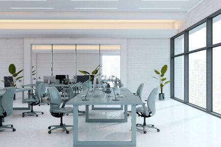 Contemporary office interior with modern furniture and minimalist design, featuring large windows, bright lighting, and a clean workspace. 3D Renderingの写真素材