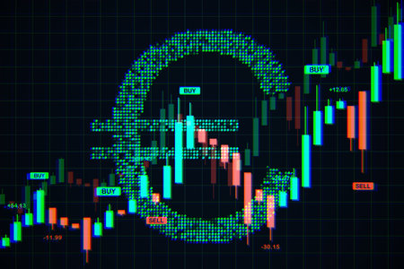Euro currency symbol overlaid with forex candlestick chart and buy sell signals on a dark grid background, representing financial market analysis. 3D Renderingの写真素材