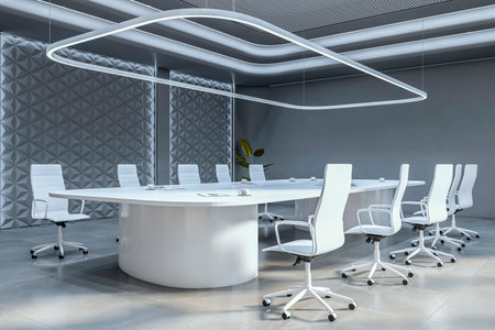 Futuristic white office boardroom with modern chairs and lighting, featuring abstract wall panels and sunlight on the floor. 3D Renderingの写真素材
