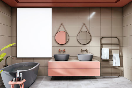 Contemporary bathroom interior with pink cabinet, round mirrors, freestanding tub, and vertical canvas mockup on tiled wall. 3D Renderingの写真素材