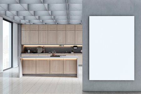 Contemporary kitchen interior with wooden cabinets, island counter, and vertical blank frame on gray wall, concept of home design presentation. 3D Renderingの写真素材