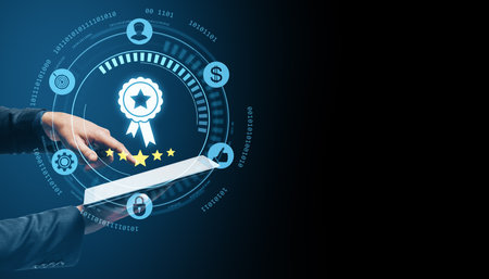 Person interacts with digital tablet showing quality guarantee stamp, stars, and compliance icons in a futuristic tech style on dark backgroundの写真素材
