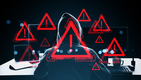 Anonymous hacker in hoodie at desk with red exclamation warning signs over dark background, symbolizing digital hacking and data alert threatsの写真素材