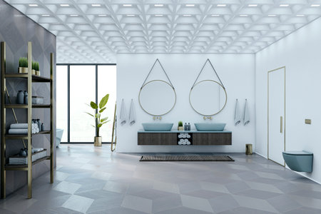 Sophisticated bathroom interior with modern furniture, geometric ceiling, and clean decor on a light background. Concept of luxury wellness. 3D Renderingの写真素材