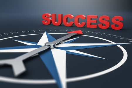 3D rendering of a compass with a red arrow pointing to the word SUCCESS in bold letters, on dark gradient background symbolizing business directionの写真素材