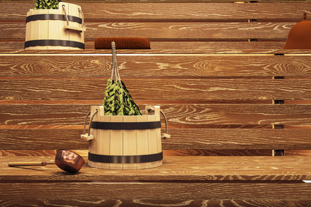 Wooden sauna interior with accessories like bucket, birch whiskey, and ladle on benches, warm lighting on natural wood background, wellness concept, 3D Renderingの写真素材