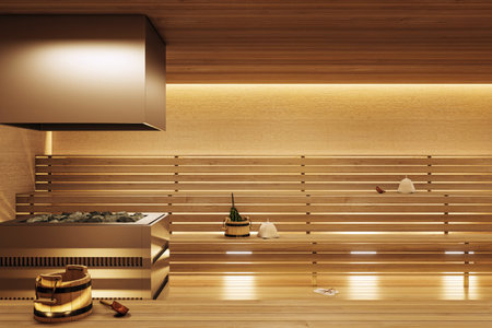 Wooden sauna interior with bucket, hat, and ladle on benches, modern design with warm backlit lighting on wooden background. 3D Renderingの写真素材
