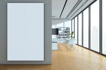 Vertical blank canvas mockup on gray wall in modern office boardroom with large windows, wooden flooring, city view and clean workspace. 3D Renderingの写真素材