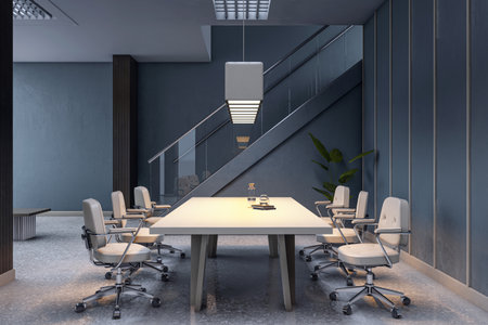 Contemporary conference room with white chairs, large table, and minimalist interior, under soft lighting in a stylish office workspace. 3D Renderingの写真素材